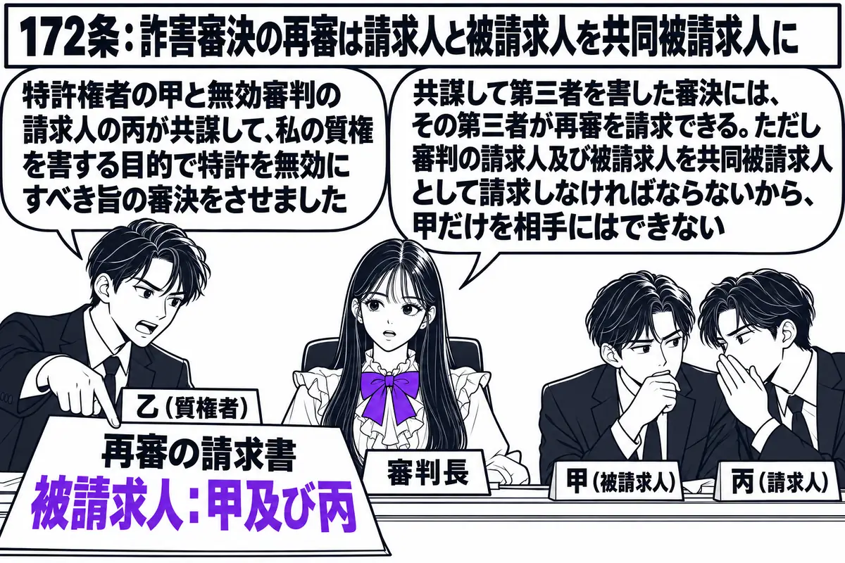 特許庁の審判廷の場面。先生が審判長役(札「審判長」)で正面の席に座る。向かって左の席に質権者の男性(札「乙(質権者)」)が立ち、机の上の「再審の請求書 被請求人:甲及び丙」と書かれた紙を指して、吹き出し「特許権者の甲と無効審判の請求人の丙が