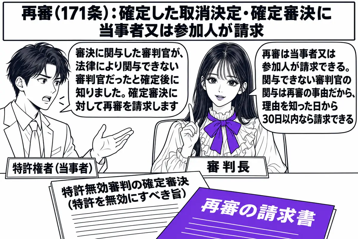 特許庁の審判廷の場面。先生が審判長役(札「審判長」)で正面の席に座り、机の上に「特許無効審判の確定審決(特許を無効にすべき旨)」と書かれた書類と、その上に重ねた「再審の請求書」と書かれた紙がある。向かいの席に特許権者の男性(札「特許権者(当