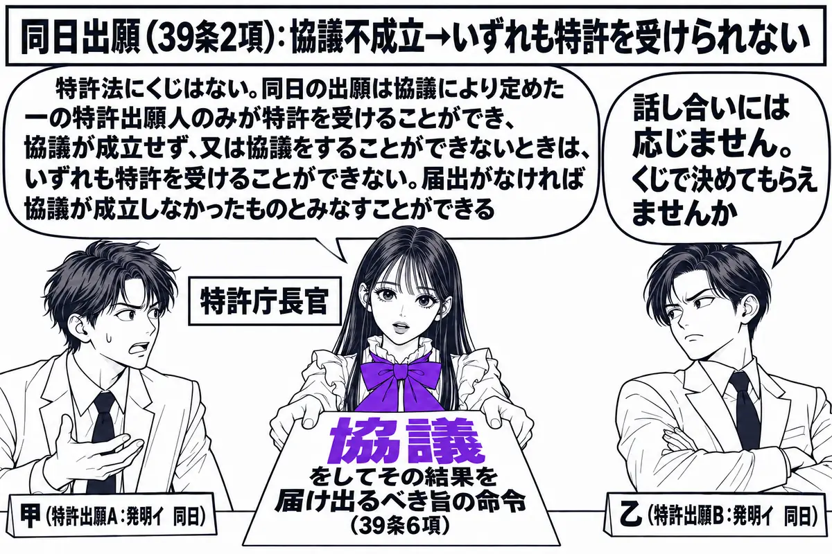 特許庁の会議室の場面。先生が特許庁長官役(札「特許庁長官」)で机の正面に座り、「協議をしてその結果を届け出るべき旨の命令(39条6項)」と書かれた書類を2人に差し出している。机の左右に出願人の男性2人(札「甲(特許出願A:発明イ 同日)」「