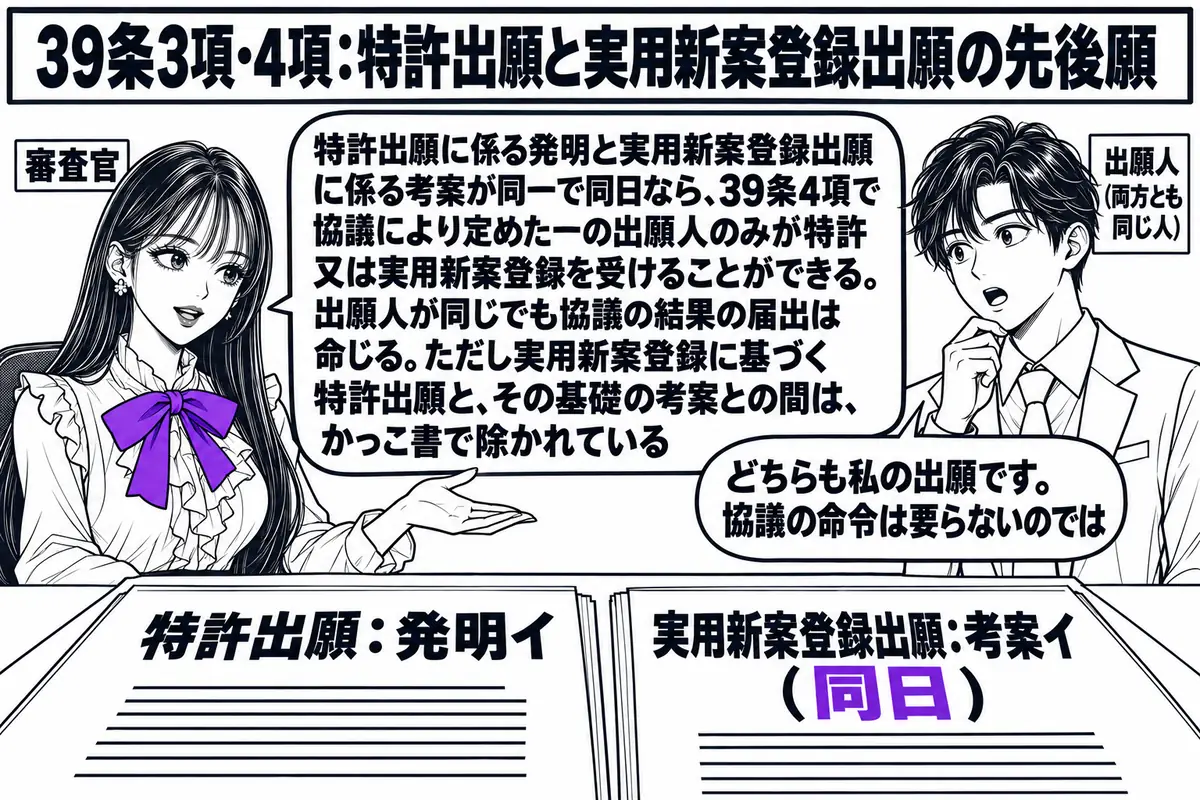 特許庁の審査室の場面。先生が審査官役(札「審査官」)で机に座り、左に「特許出願:発明イ」と書かれた願書、右に「実用新案登録出願:考案イ(同日)」と書かれた願書を並べている。向かいに出願人の男性(札「出願人(両方とも同じ人)」)が立ち、吹き出