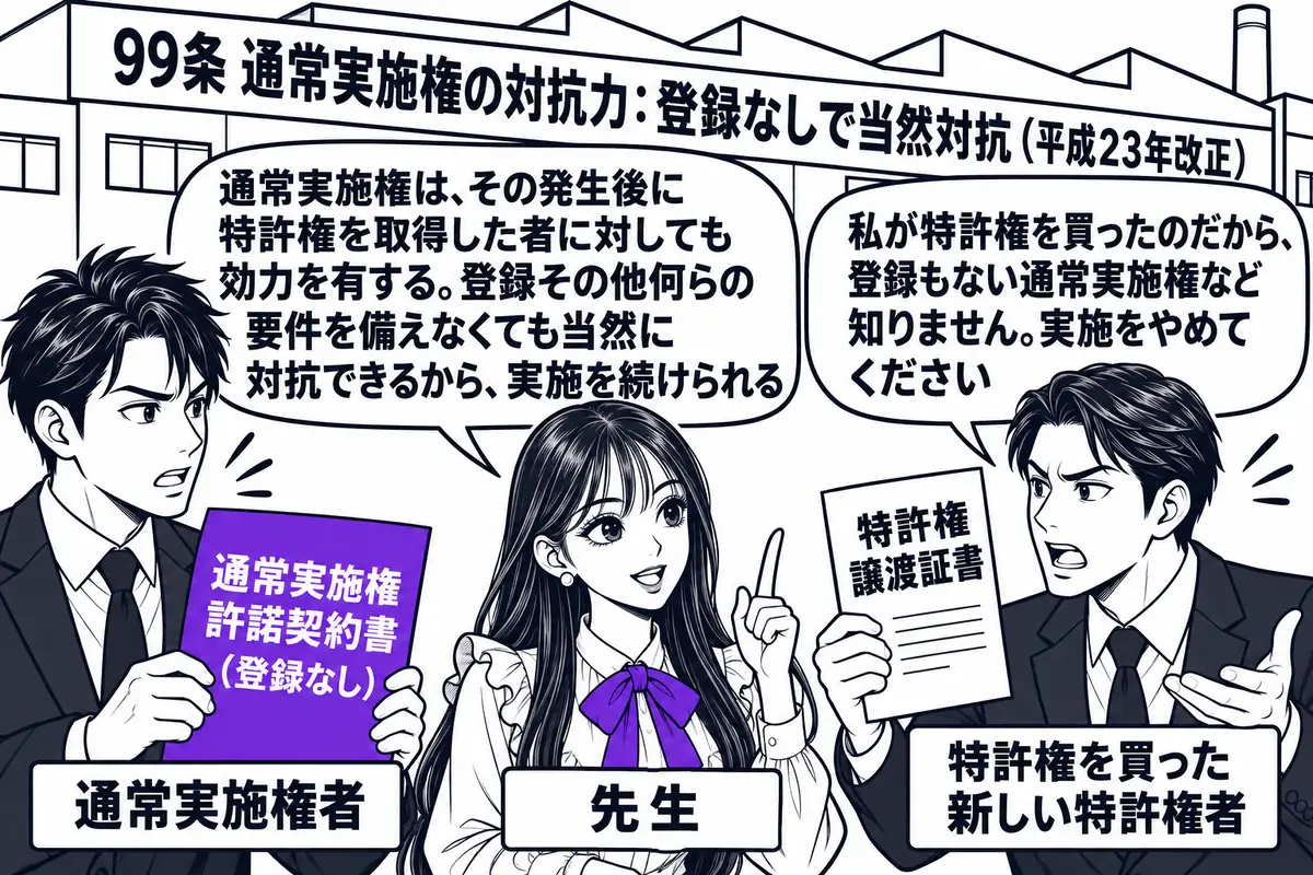 工場の前の場面。先生が先生役（札「先生」）で立ち、左に「通常実施権 許諾契約書（登録なし）」と書かれた契約書を持つ男性（札「通常実施権者」）、右に「特許権 譲渡証書」を掲げる男性（札「特許権を買った新しい特許権者」）が向かい合っている。新し