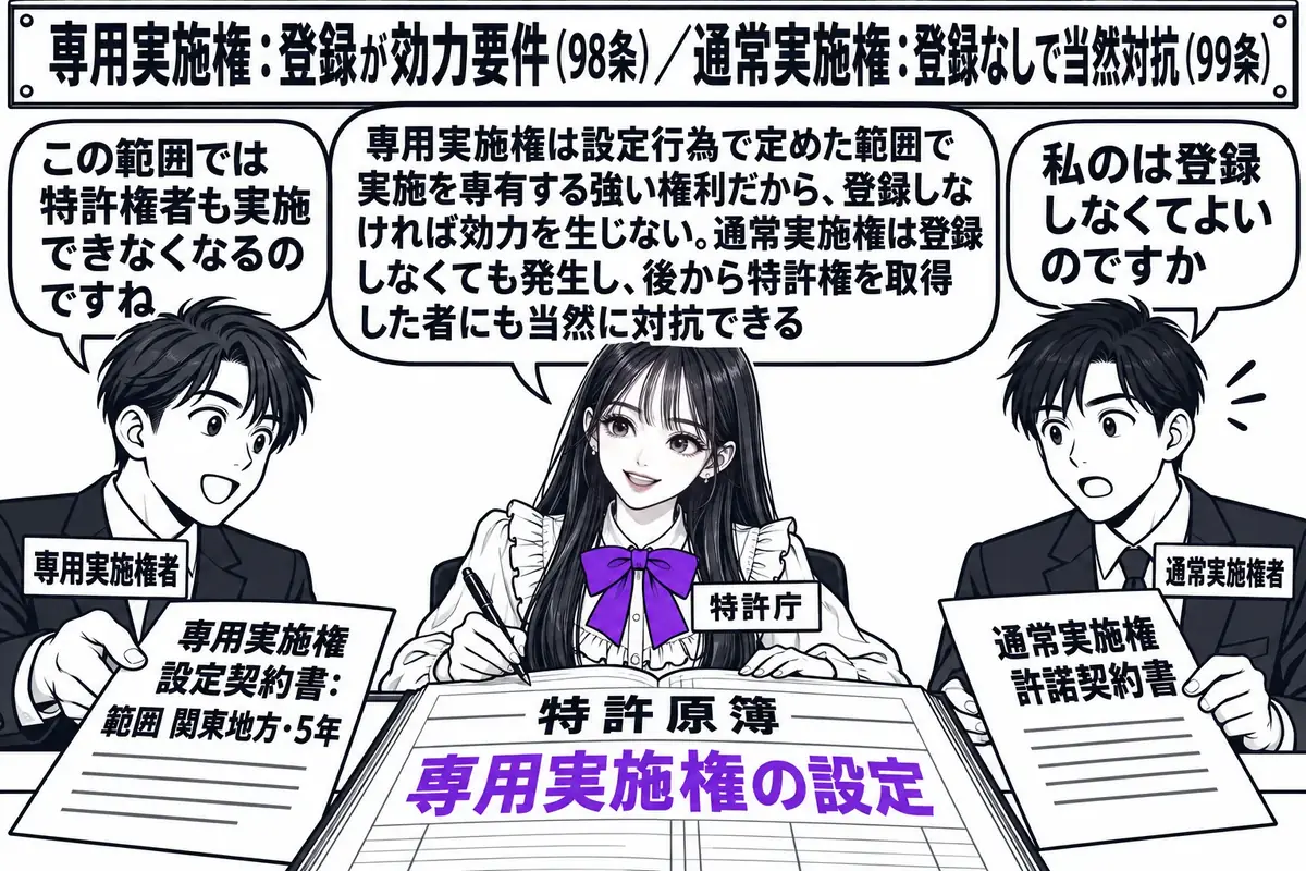 特許庁の登録の窓口の場面。先生が特許庁の職員役（札「特許庁」）でカウンターの内側に立ち、「特許原簿」と書かれた帳簿に「専用実施権の設定」と記入している。カウンターの外に二人の男性が並び、左は札「専用実施権者」で「専用実施権 設定契約書：範囲