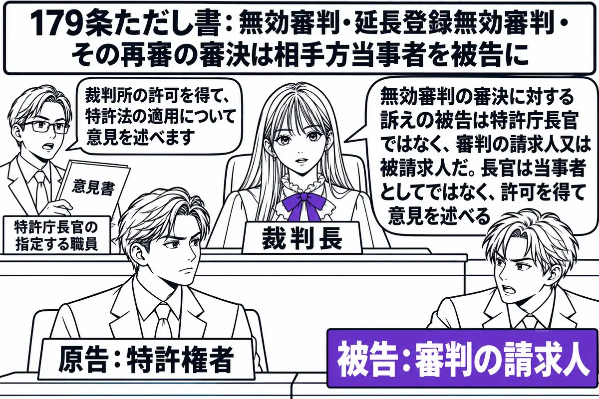 東京高等裁判所の法廷の場面。先生が裁判長役（札「裁判長」）で正面の高い席に座る。向かって左の原告席に特許権者の男性（札「原告：特許権者」）、右の被告席に無効審判の請求人の男性（札「被告：審判の請求人」）が座る。傍聴席の端に特許庁の職員の男性