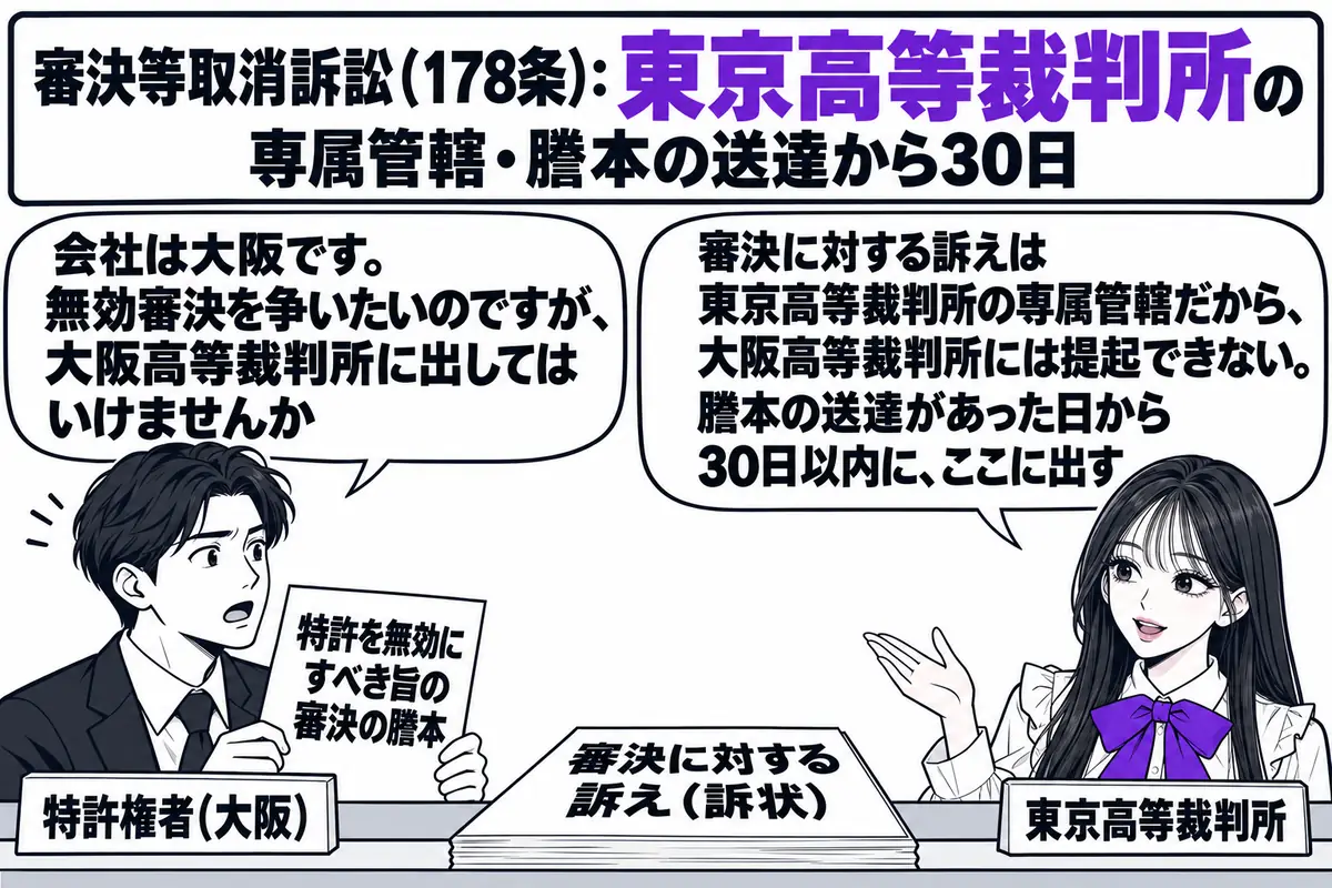 東京高等裁判所の受付窓口の場面。先生が裁判所の受付役（札「東京高等裁判所」）でカウンターの内側に立ち、カウンターの上に「審決に対する訴え（訴状）」と書かれた書類が置かれている。カウンターの外に特許権者の男性（札「特許権者（大阪）」）が立ち、