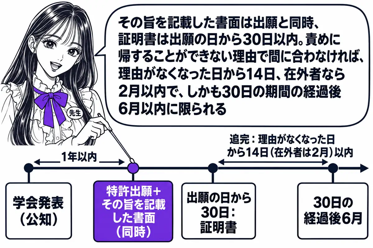 横軸の時系列を中心にした図。先生が先生役（札「先生」）で横軸の上に立ち、指し棒で札を示す。横軸の左から札「学会発表（公知）」「特許出願＋その旨を記載した書面（同時）」「出願の日から30日：証明書」「30日の経過後6月」が立つ。「学会発表」と