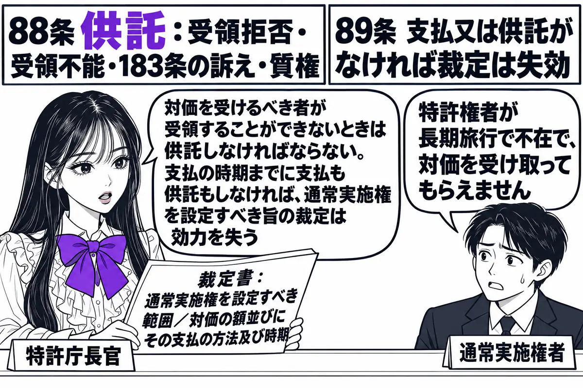 特許庁の窓口の場面。先生が特許庁長官役（札「特許庁長官」）でカウンターの内側に座り、「裁定書：通常実施権を設定すべき範囲／対価の額並びにその支払の方法及び時期」と書かれた書類を読み上げている。カウンターの外に通常実施権の設定を受けた男性（札