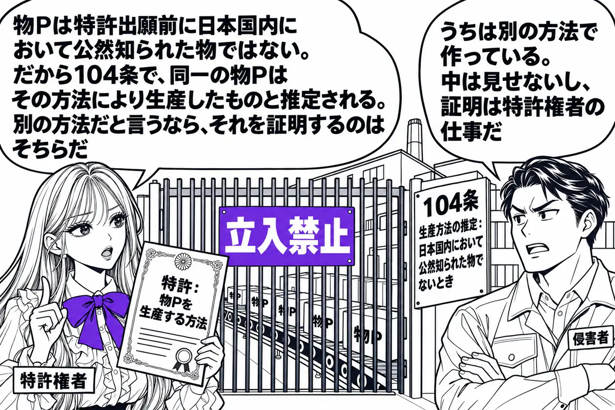 工場の門の前の場面。先生が特許権者役（札「特許権者」）で立ち、手に「特許：物Pを生産する方法」と書かれた特許証を持つ。工場の門は閉まっており、門には「立入禁止」の札、門の中から「物P」と書かれた箱が運び出されている。工場主の男性（札「侵害者