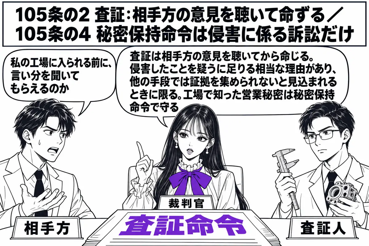 裁判所の一室の場面。先生が裁判官役（札「裁判官」）で机に座り、机の上に「査証命令」と書かれた決定書を置いている。右に査証人の男性（札「査証人」）が計測器を持って立ち、左に相手方の男性（札「相手方」）が立って吹き出し「私の工場に入られる前に、
