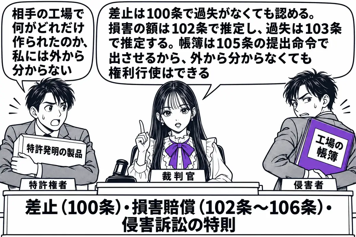 裁判所の法廷の場面。先生が裁判官役（札「裁判官」）で法壇に座る。原告席に特許権者の男性（札「特許権者」）が「特許発明の製品」と書かれた箱を抱えて立ち、吹き出し「相手の工場で何がどれだけ作られたのか、私には外から分からない」。被告席に侵害者の
