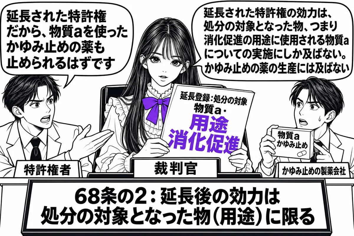 裁判所の法廷の場面。先生が裁判官役（札「裁判官」）で法壇に座り、手元に「延長登録：処分の対象 物質a・用途 消化促進」と書かれた特許公報を置いている。前に二人の男性が立ち、左は札「特許権者」で吹き出し「延長された特許権だから、物質aを使った