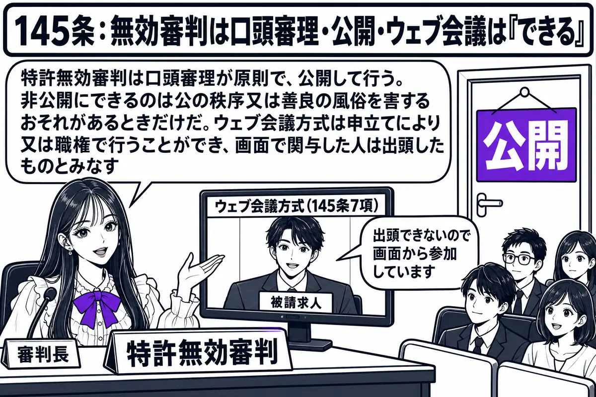 特許庁の審判廷の場面。先生が審判長役（札「審判長」）で机に座り、机の上に「特許無効審判」と書かれた事件の札と、画面に当事者の顔が映った大きなモニター（札「ウェブ会議方式（145条7項）」）がある。傍聴席には数人の人が座り、入口の扉に「公開」