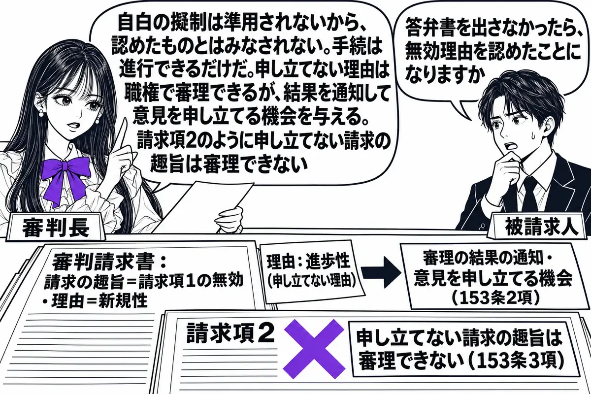 特許庁の審判廷の場面。先生が審判長役（札「審判長」）で机に座り、机の上に「審判請求書：請求の趣旨＝請求項1の無効・理由＝新規性」と書かれた書類がある。書類の横に「理由：進歩性（申し立てない理由）」と書かれた付箋と、矢印で「審理の結果の通知・