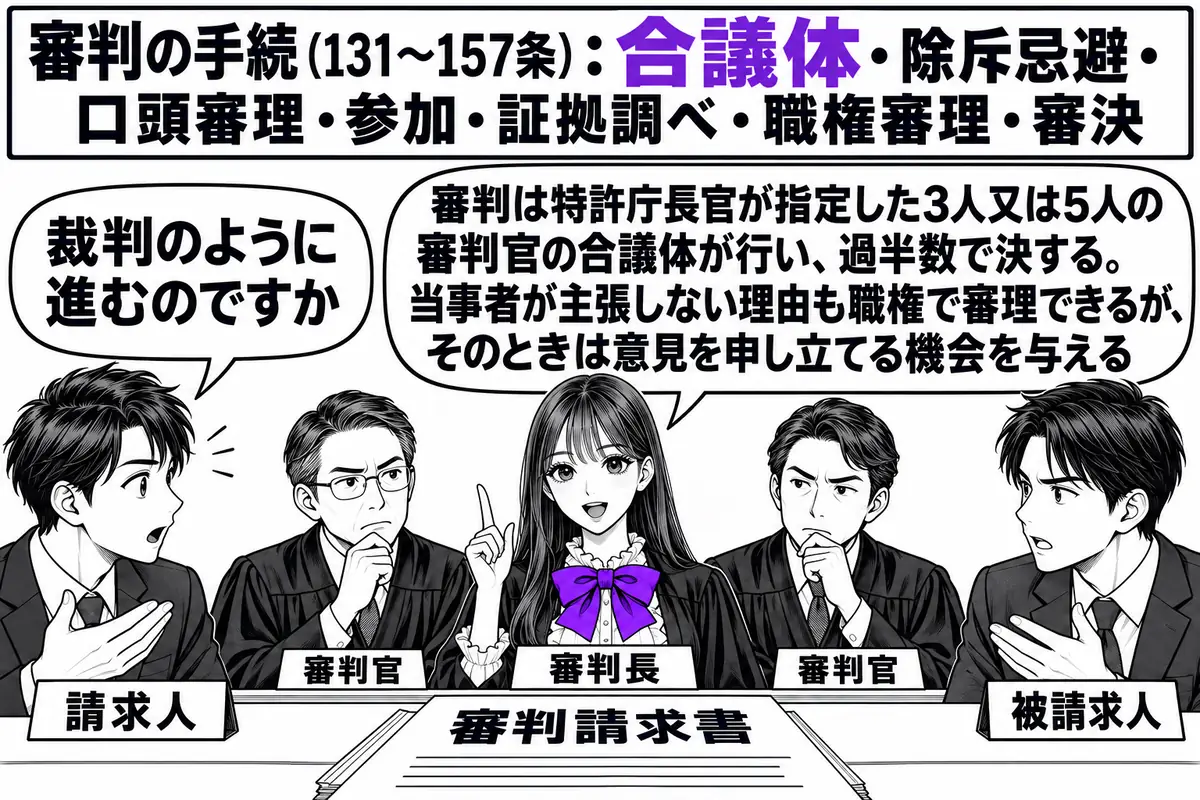 特許庁の審判廷の場面。先生が審判長役（札「審判長」）で三人並んだ合議体の中央に座り、左右に審判官が一人ずつ座っている（札「審判官」）。机の前に「審判請求書」と書かれた書類。左側に請求人の男性（札「請求人」）、右側に被請求人の男性（札「被請求
