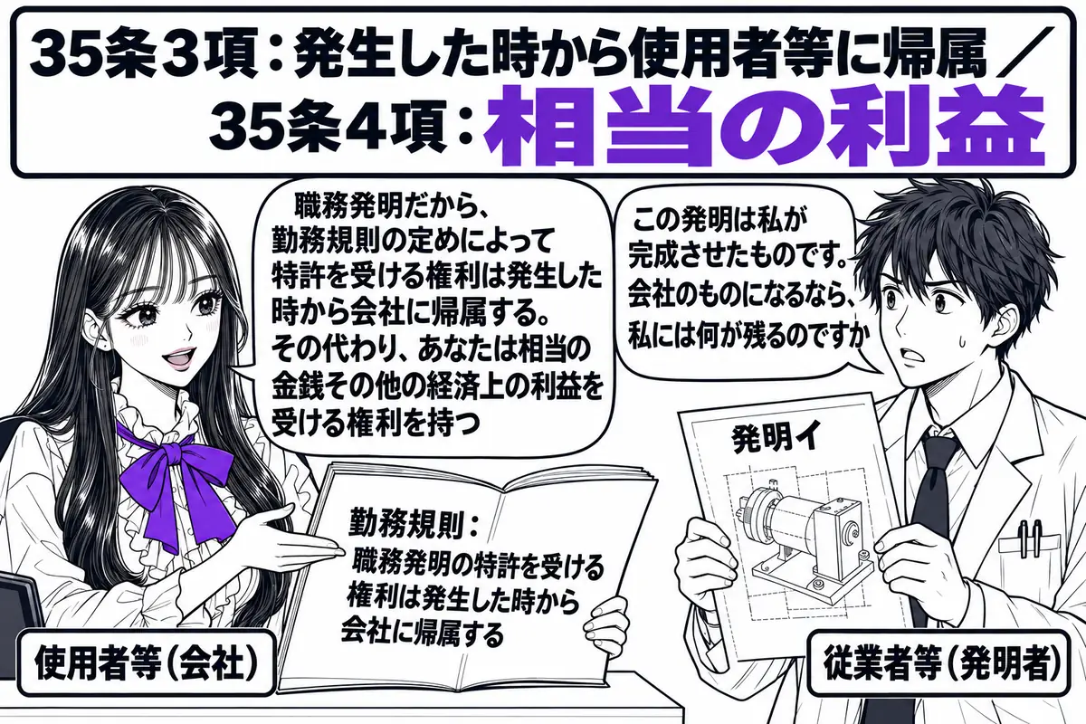 会社の研究所の場面。先生が会社の知財部員役（札「使用者等（会社）」）で机に座り、「勤務規則：職務発明の特許を受ける権利は発生した時から会社に帰属する」と書かれた冊子を開いている。向かいに白衣の研究員の男性（札「従業者等（発明者）」）が「発明