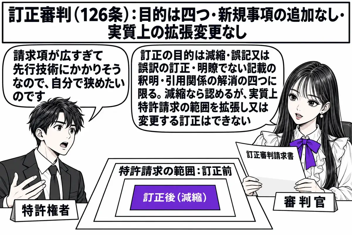 特許庁の審判廷の場面。先生が審判官役（札「審判官」）で机に座り、「訂正審判請求書」と書かれた書類を手にしている。机の上に「特許請求の範囲：訂正前」と書かれた広い枠と、その内側に収まる「訂正後（減縮）」と書かれた小さい枠が描かれた紙がある。向