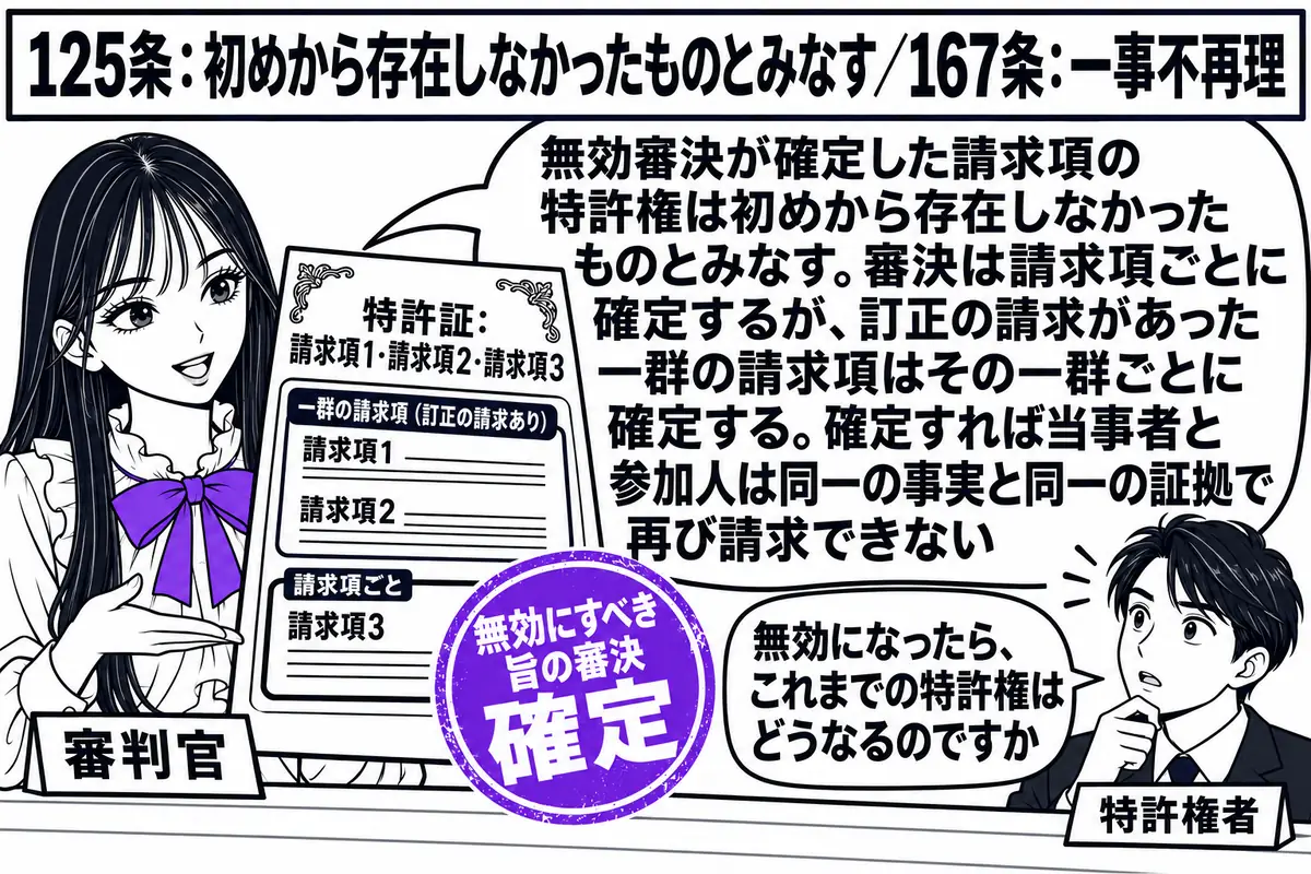 特許庁の窓口の場面。先生が審判官役（札「審判官」）でカウンターの内側に立ち、「特許証：請求項1・請求項2・請求項3」と書かれた特許証を手にしている。請求項1と請求項2は太い枠でひとまとめに囲まれ、枠に札「一群の請求項（訂正の請求あり）」、請