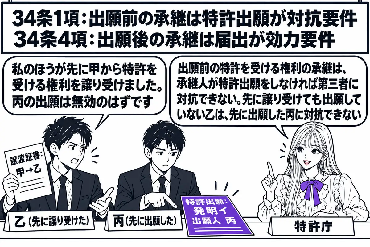 特許庁の窓口の場面。先生が特許庁の職員役（札「特許庁」）でカウンターの内側に座り、手元に「特許出願：発明イ　出願人 丙」と書かれた願書を置いている。カウンターの外に二人の男性が並び、左の男性（札「乙（先に譲り受けた）」）が「譲渡証書：甲→乙
