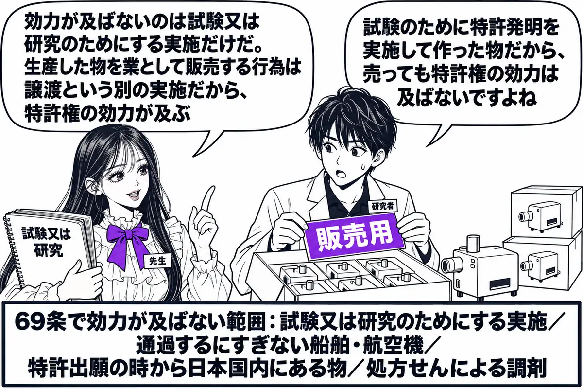 大学の研究室の場面。先生が先生役（札「先生」）で立ち、左手に「試験又は研究」と書かれた実験ノートを持っている。隣に白衣の男性（札「研究者」）が特許発明の装置で作った製品を箱に詰め、箱に「販売用」と書かれた札を貼ろうとしていて、吹き出し「試験