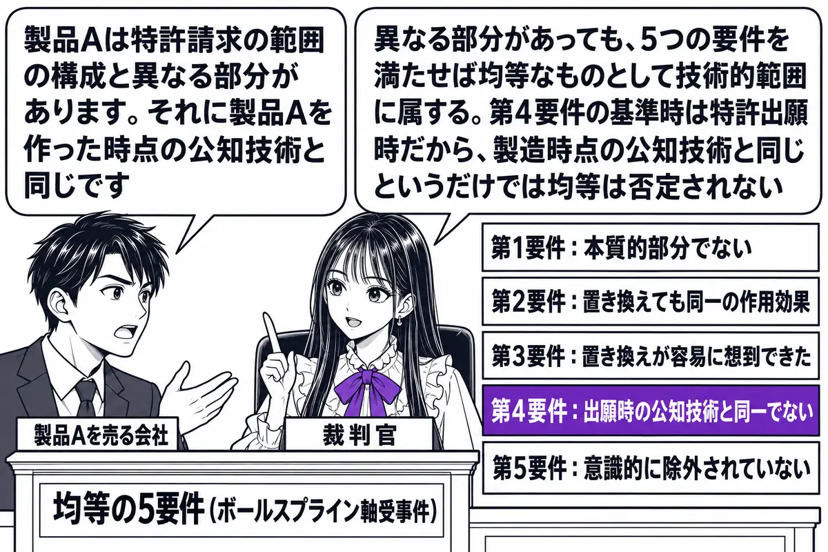 裁判所の法廷の場面。先生が裁判官役（札「裁判官」）で法壇に座り、法壇の脇に立て札で縦に並ぶ5枚の札「第1要件：本質的部分でない」「第2要件：置き換えても同一の作用効果」「第3要件：置き換えが容易に想到できた」「第4要件：出願時の公知技術と同