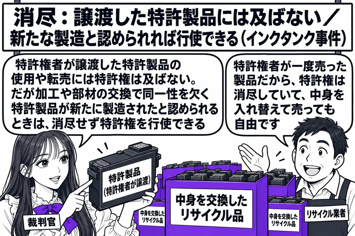リサイクル品を売る店先の場面。先生が裁判官役（札「裁判官」）で店先に立ち、手に「特許製品（特許権者が譲渡）」と書かれたインクタンクを持っている。店の男性（札「リサイクル業者」）が「中身を交換したリサイクル品」と書かれた箱を並べ、吹き出し「特