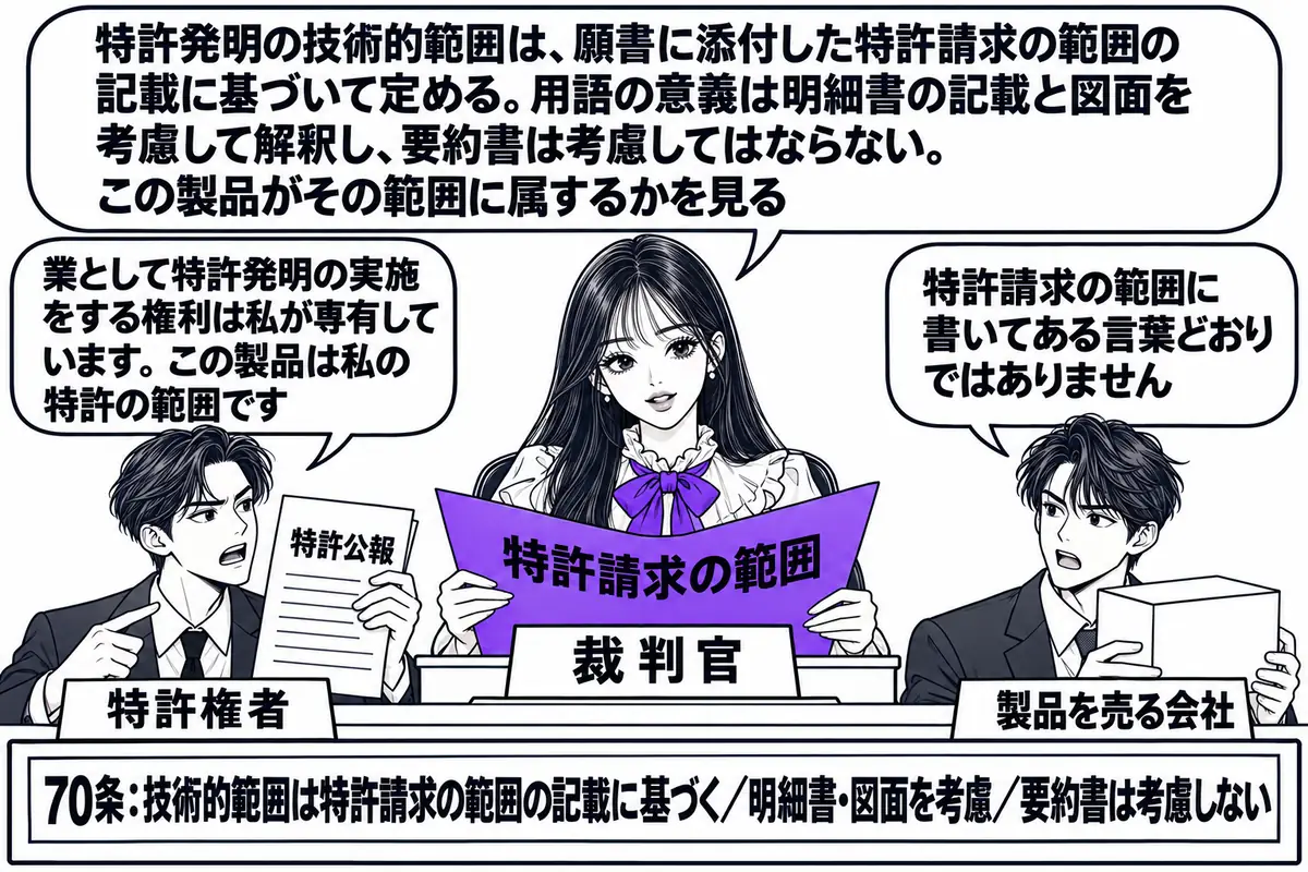 裁判所の法廷の場面。先生が裁判官役（札「裁判官」）で法壇に座り、手元に「特許請求の範囲」と書かれた書面を広げている。前に二人の男性が立ち、左は札「特許権者」で「特許公報」を掲げ、吹き出し「業として特許発明の実施をする権利は私が専有しています