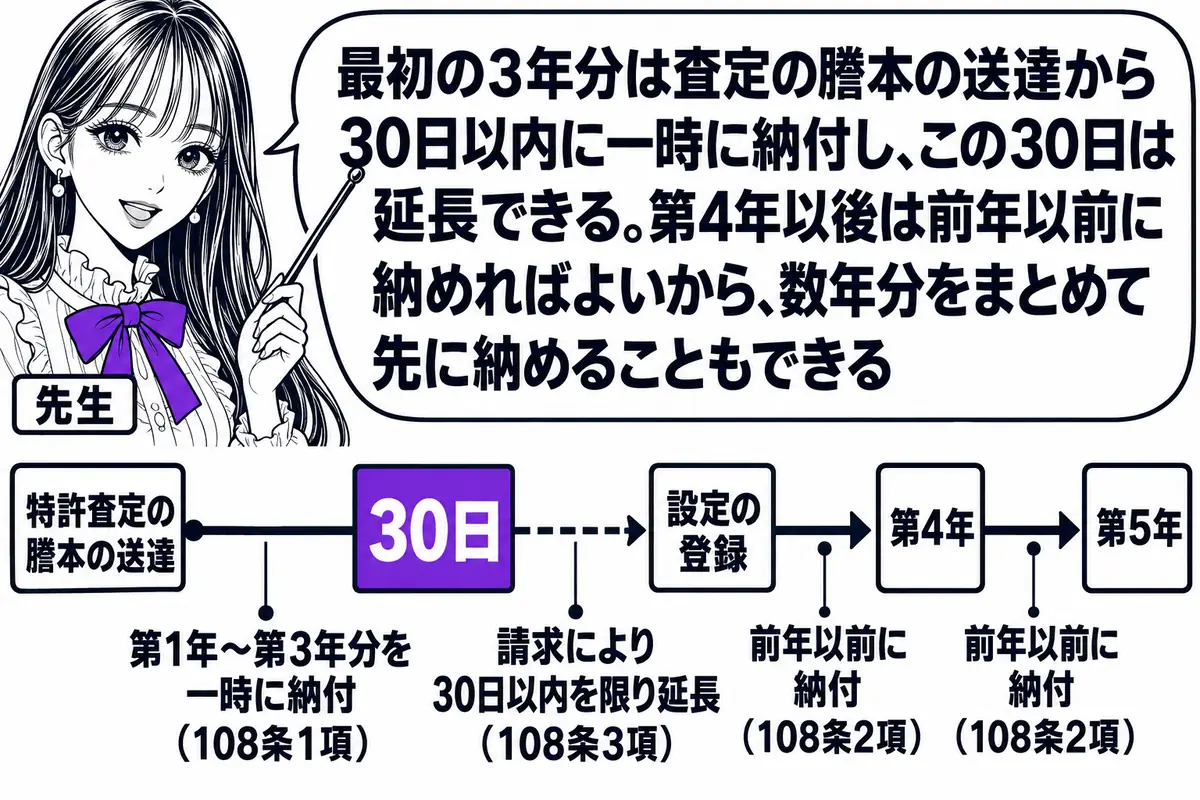 横軸の時系列を中心にした図。先生が先生役(札「先生」)で横軸の上に立ち、指し棒で札を示している。横軸の左から順に札「特許査定の謄本の送達」「30日」「設定の登録」「第4年」「第5年」が立つ。「特許査定の謄本の送達」から「30日」の区間に帯と