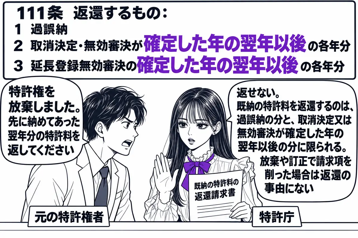 特許庁の窓口の場面。先生が特許庁の窓口職員役(札「特許庁」)でカウンターの内側に座り、「既納の特許料の返還請求書」と書かれた紙を手にしている。カウンターの外に特許権者の男性(札「元の特許権者」)が立ち、吹き出し「特許権を放棄しました。先に納