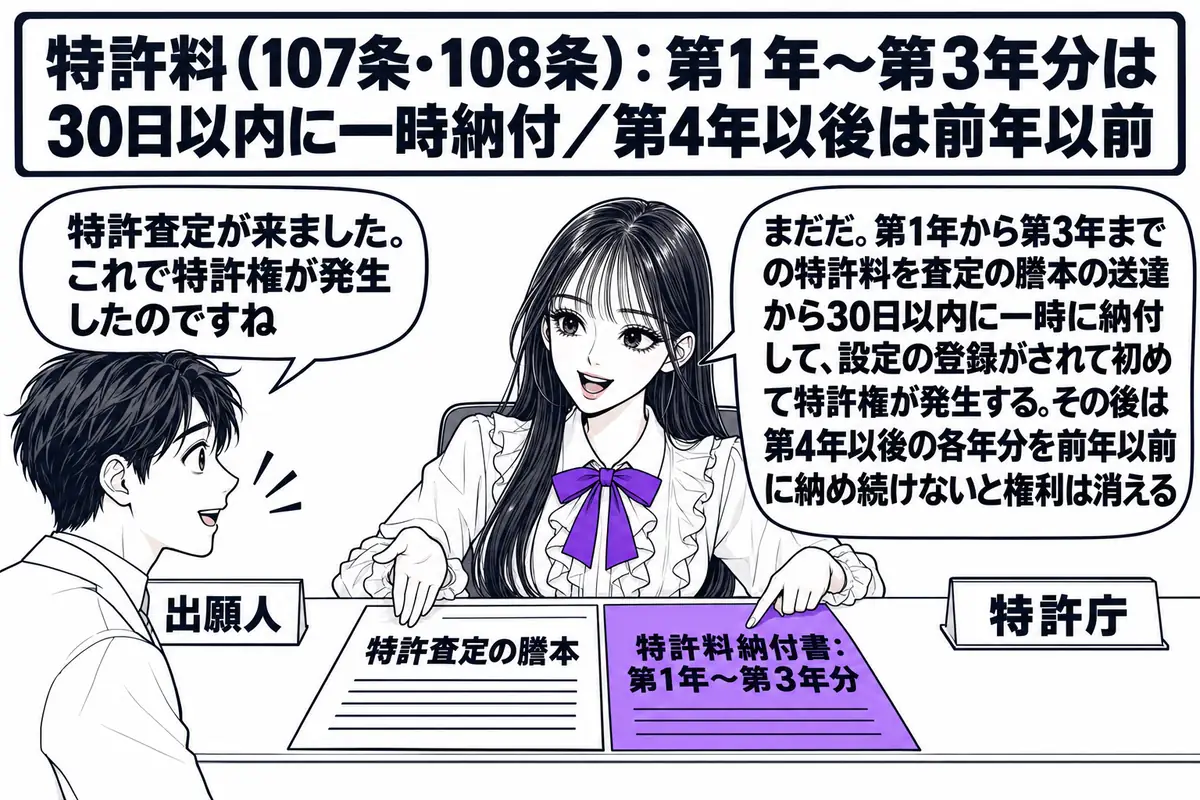 特許庁の窓口の場面。先生が特許庁の窓口職員役(札「特許庁」)でカウンターの内側に座り、「特許査定の謄本」と書かれた紙と「特許料納付書:第1年〜第3年分」と書かれた紙を並べている。カウンターの外に出願人の男性(札「出願人」)が立ち、吹き出し「