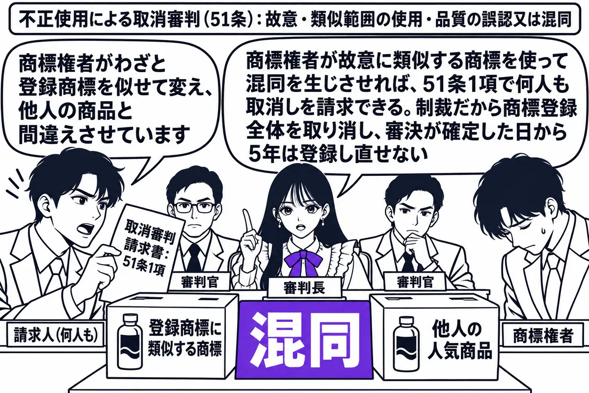 特許庁の審判廷の場面。先生が審判長役（札「審判長」）で中央に座り、左右に審判官（札「審判官」）が座る。左に請求人の男性（札「請求人（何人も）」）が「取消審判請求書：51条1項」と書かれた書類を掲げ、机の上に二つの商品箱が並ぶ。一つは「登録商