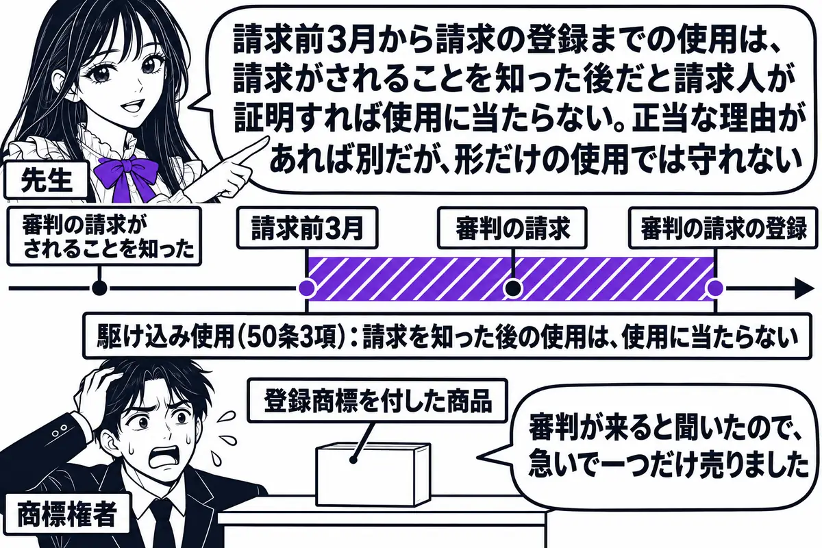 横軸の時系列を中心にした図。先生が先生役（札「先生」）で横軸の上に立つ。横軸の左から順に札「審判の請求がされることを知った」「請求前3月」「審判の請求」「審判の請求の登録」が立ち、「請求前3月」から「審判の請求の登録」までの区間に斜線が引か