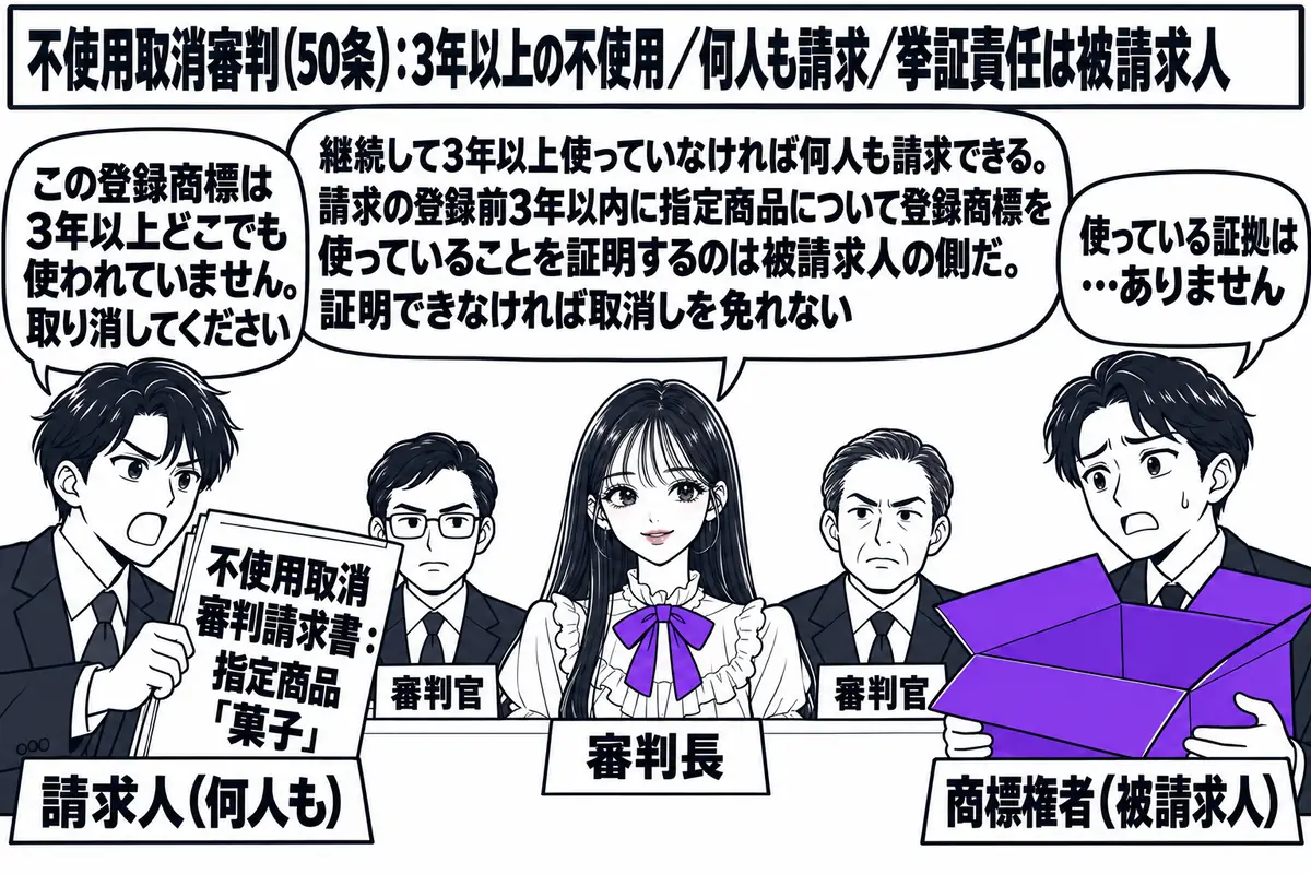 特許庁の審判廷の場面。先生が審判長役（札「審判長」）で中央に座り、左右に審判官（札「審判官」）が座る。左に請求人の男性（札「請求人（何人も）」）が「不使用取消審判請求書：指定商品「菓子」」と書かれた書類を掲げ、吹き出し「この登録商標は3年以