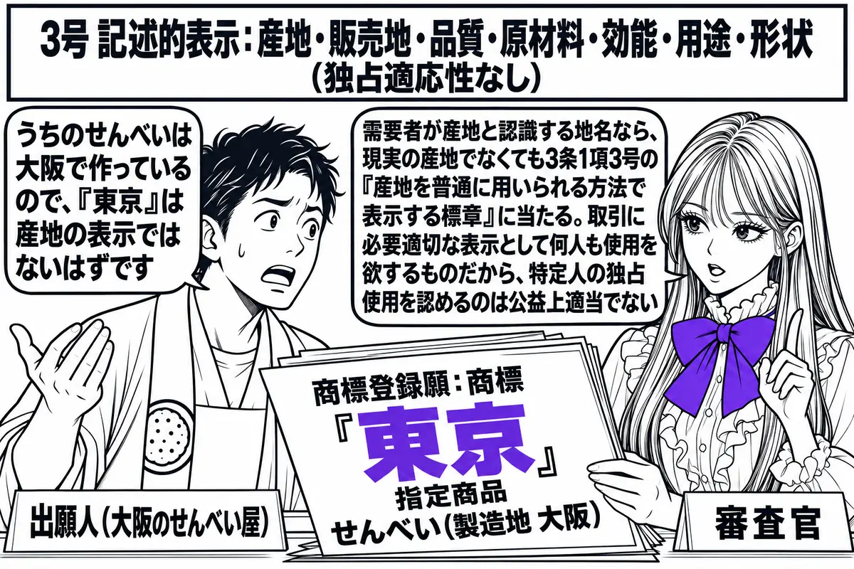 特許庁の審査室の場面。先生が審査官役（札「審査官」）で机に座り、「商標登録願：商標『東京』 指定商品 せんべい（製造地 大阪）」と書かれた願書を見ている。向かいに出願人の男性（札「出願人（大阪のせんべい屋）」）が立ち、吹き出し「うちのせんべ