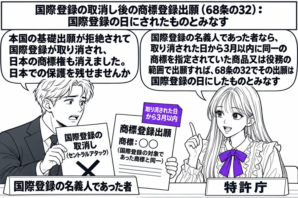 特許庁の窓口の場面。先生が窓口の職員役（札「特許庁」）でカウンターの内側に座る。カウンターの外に外国の会社の男性（札「国際登録の名義人であった者」）が立ち、手に「国際登録の取消し（セントラルアタック）」と大きな×印の付いた通知書と、「商標登