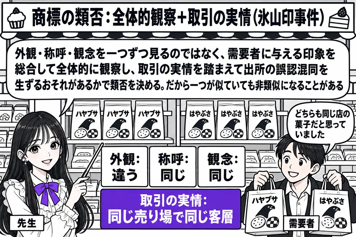 菓子店の店先の場面。先生が先生役（札「先生」）で、店の棚の前に立って指し棒を持っている。棚には「ハヤブサ」の袋と「はやぶさ」の袋が並び、客の男性（札「需要者」）が二つの袋を手に取って吹き出し「どちらも同じ店の菓子だと思っていました」。先生の