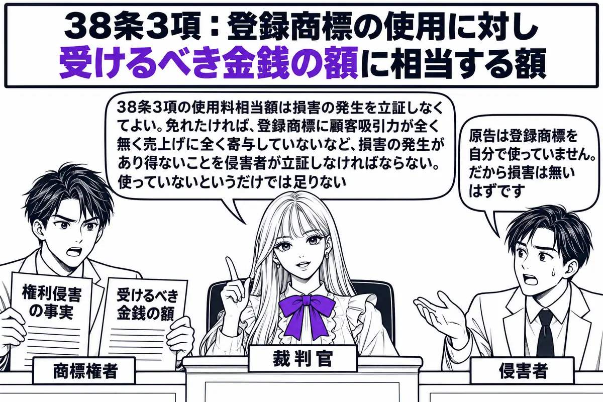 裁判所の法廷の場面。先生が裁判官役（札「裁判官」）で壇上に座る。左に原告の男性（札「商標権者」）が「権利侵害の事実」「受けるべき金銭の額」と書かれた二枚の書面を机に置いている。右に被告の男性（札「侵害者」）が吹き出し「原告は登録商標を自分で