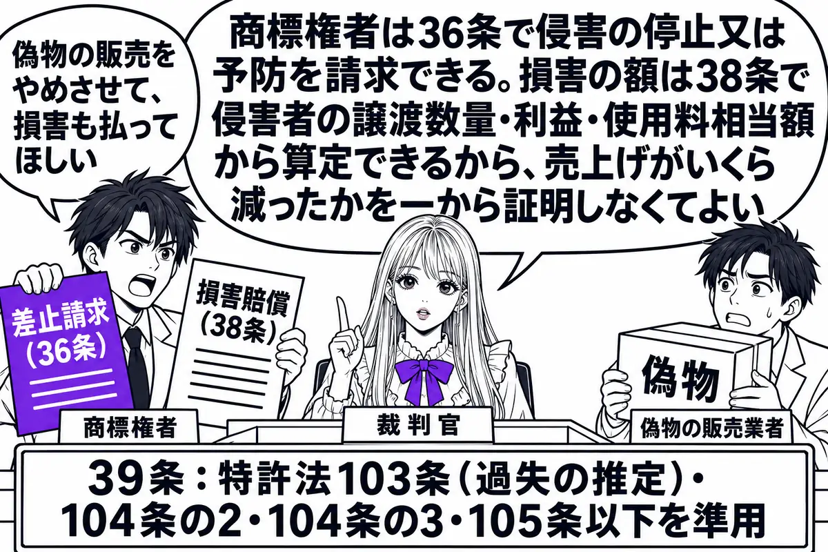 裁判所の法廷の場面。先生が裁判官役（札「裁判官」）で壇上に座る。左に原告の男性（札「商標権者」）が「差止請求（36条）」「損害賠償（38条）」と書かれた二枚の訴状を掲げ、吹き出し「偽物の販売をやめさせて、損害も払ってほしい」。右に被告の男性