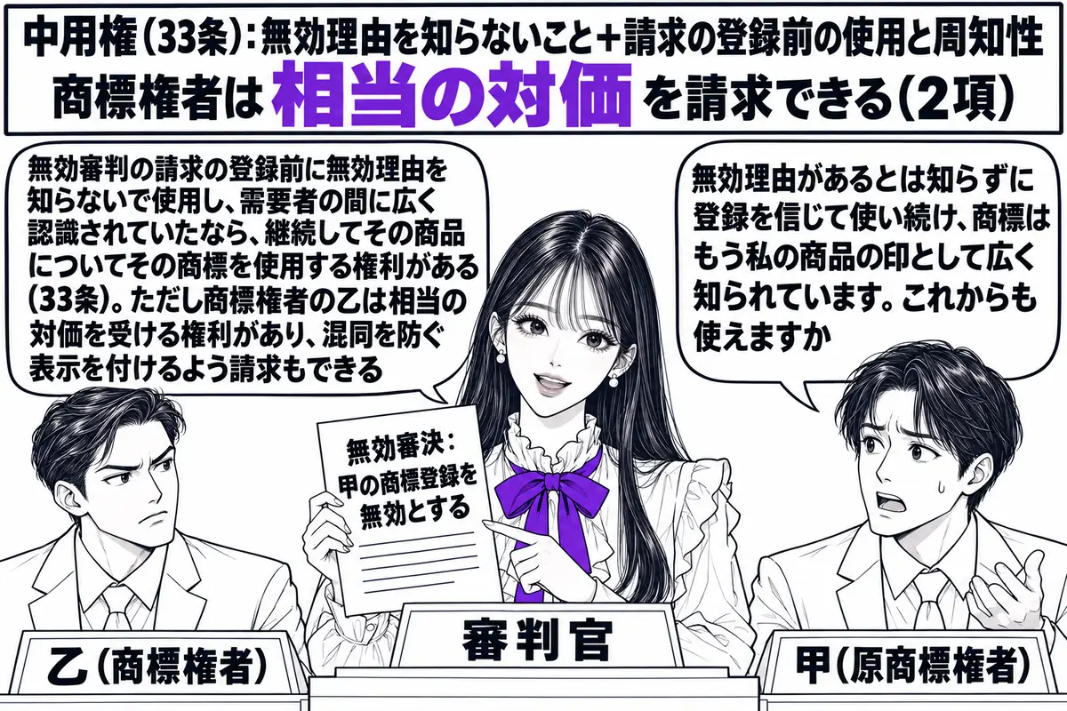 特許庁の審判廷の場面。先生が審判官役（札「審判官」）で壇上に座り、「無効審決：甲の商標登録を無効とする」と書かれた紙を手にしている。請求人席に男性（札「乙（商標権者）」）、被請求人席に男性（札「甲（原商標権者）」）が座る。甲の吹き出し「無効