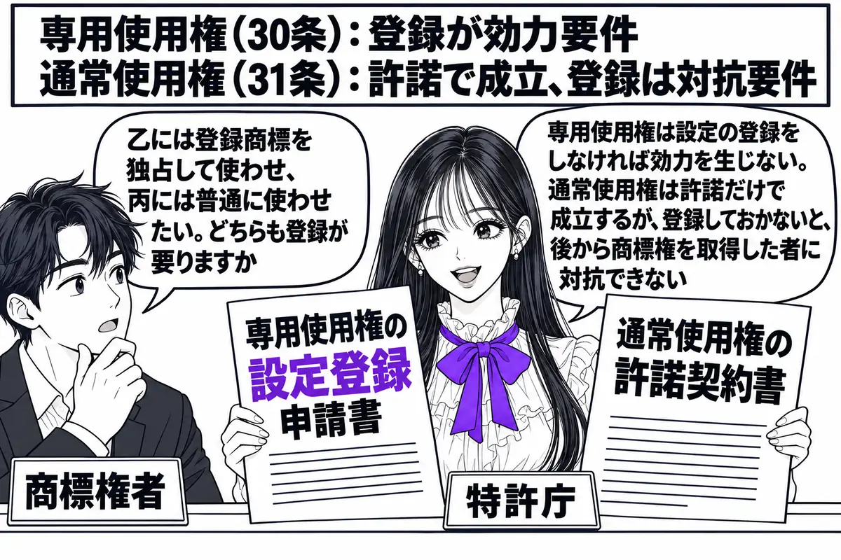 特許庁の窓口の場面。先生が窓口の職員役（札「特許庁」）でカウンターの内側に座り、左右に2枚の紙を並べている。左の紙に「専用使用権の設定登録申請書」、右の紙に「通常使用権の許諾契約書」と書かれている。カウンターの外に店主の男性（札「商標権者」