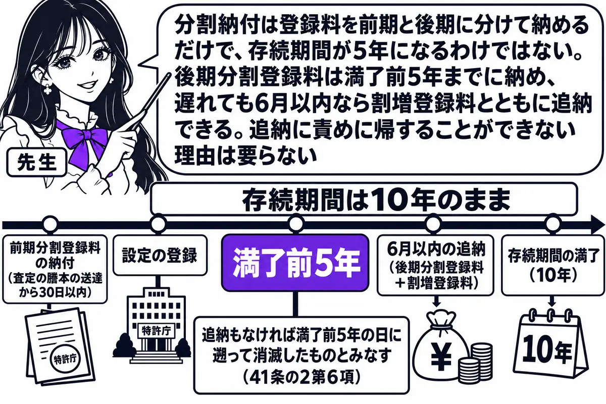 横軸の時系列を中心にした図。先生が先生役（札「先生」）で横軸の上に立ち、指し棒で札を示している。横軸の左から順に札「前期分割登録料の納付（査定の謄本の送達から30日以内）」「設定の登録」「満了前5年」「6月以内の追納（後期分割登録料＋割増登
