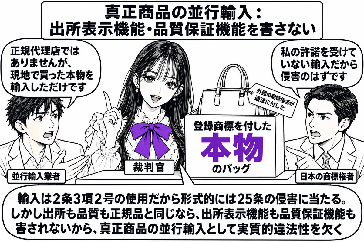 港の税関の検査場の場面。先生が裁判官役（札「裁判官」）で検査台の脇に立つ。検査台の上に「登録商標を付した本物のバッグ」と書かれた箱があり、箱に「外国の商標権者が適法に付した」の札。左に輸入業者の男性（札「並行輸入業者」）が吹き出し「正規代理