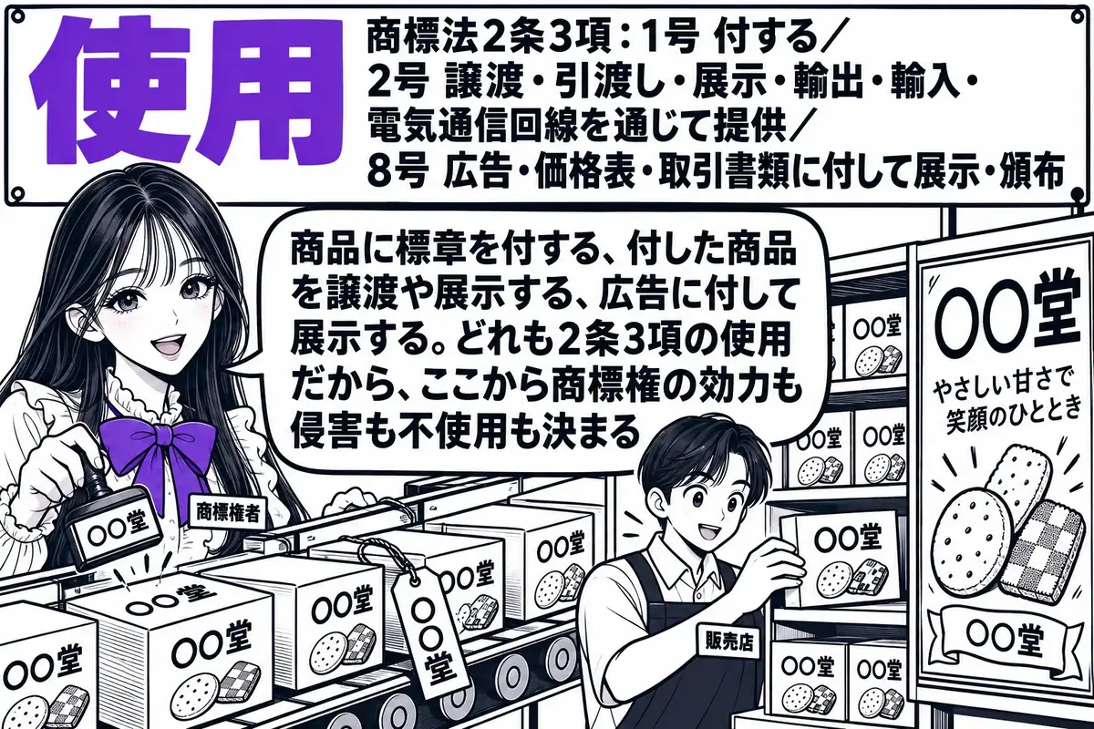 菓子工場の出荷場から店先までが一枚に見える場面。先生が工場長役（札「商標権者」）で、流れてくる菓子の箱に「○○堂」の商標を刻印し、箱の一つには「○○堂」と印刷した下げ札を紐で結んでいる。奥では店員の男性（札「販売店」）が「○○堂」の箱を棚に