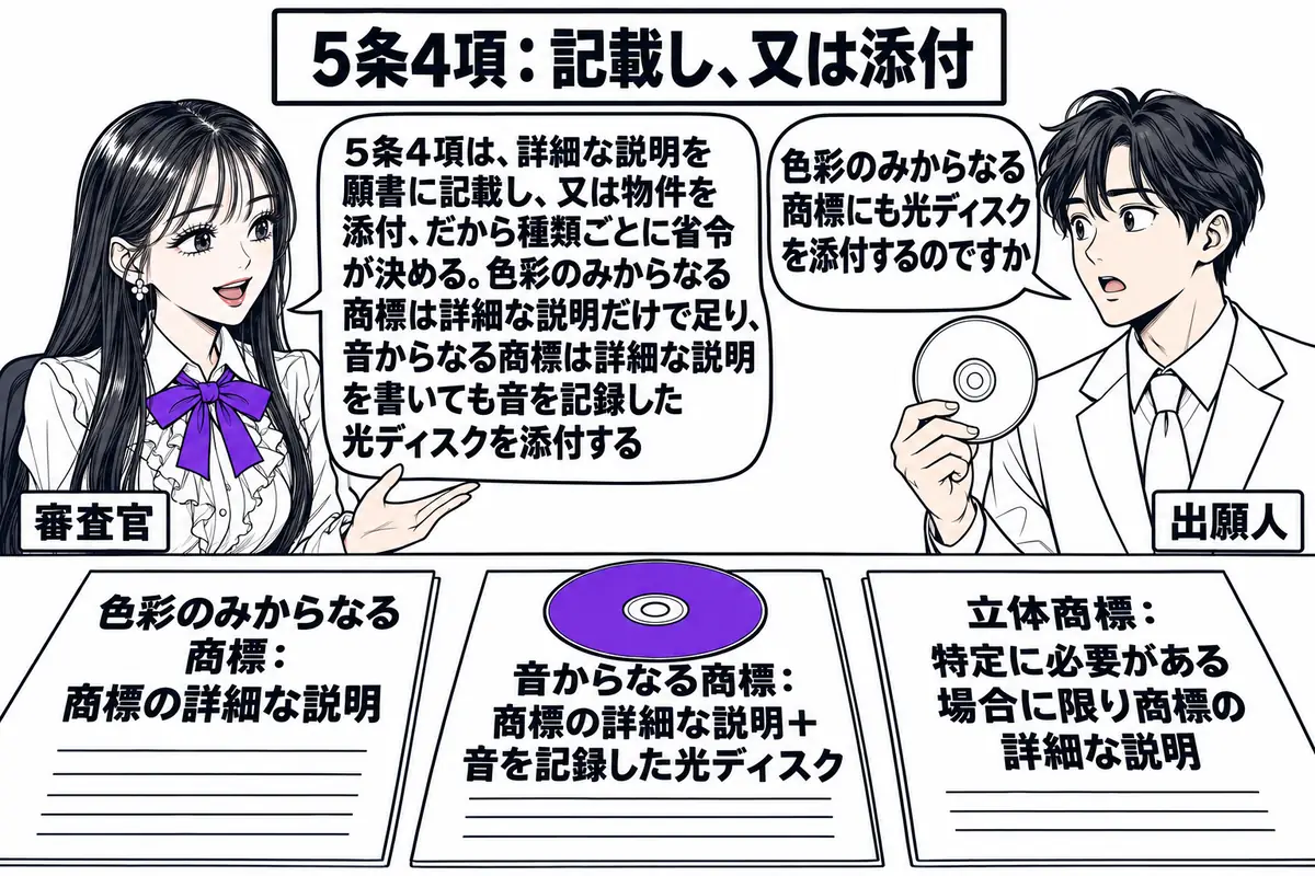特許庁の審査室の場面。先生が審査官役（札「審査官」）で机に座り、机の上に3通の願書が並ぶ。左の願書に「色彩のみからなる商標：商標の詳細な説明」、中の願書に「音からなる商標：商標の詳細な説明＋音を記録した光ディスク」、右の願書に「立体商標：特