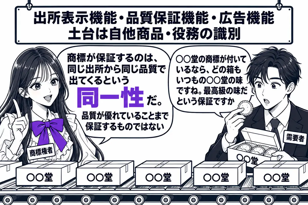 菓子工場の出荷場の場面。先生が工場長役（札「商標権者」）でベルトコンベアの脇に立ち、流れてくる菓子の箱にはどれも「○○堂」の商標が付いている。向かいに取引先の男性（札「需要者」）が箱を一つ開けて、吹き出し「○○堂の商標が付いているなら、どの
