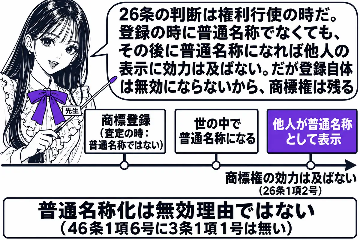 横軸の時系列を中心にした図。先生が先生役（札「先生」）で横軸の上に立ち、指し棒で札を示している。横軸の左から順に札「商標登録（査定の時：普通名称ではない）」「世の中で普通名称になる」「他人が普通名称として表示」の3本が立つ。右端の札の下に注