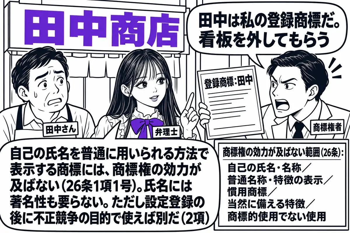 商店街の店先の場面。先生が弁理士役（札「弁理士」）で、「田中商店」と書かれた看板の店の前に立ち、店主の男性（札「田中さん」）と話している。向かいから別の男性（札「商標権者」）が「登録商標：田中」と書かれた登録証を掲げて歩いてくる。商標権者の