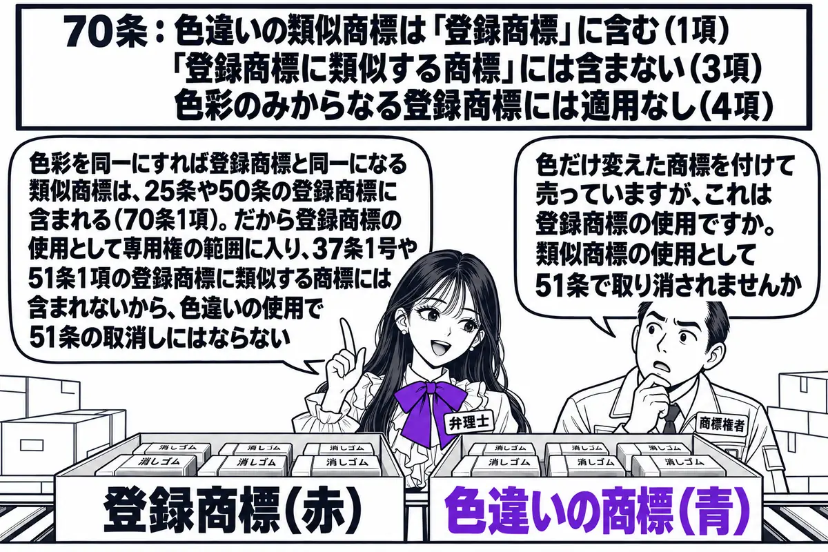 文房具の工場の場面。先生が弁理士役（札「弁理士」）で、工場長の男性（札「商標権者」）と並んで出荷台を見ている。台の上に2種類の消しゴムの箱があり、左の箱に「登録商標（赤）」、右の箱に「色違いの商標（青）」と書かれている。工場長の吹き出し「色