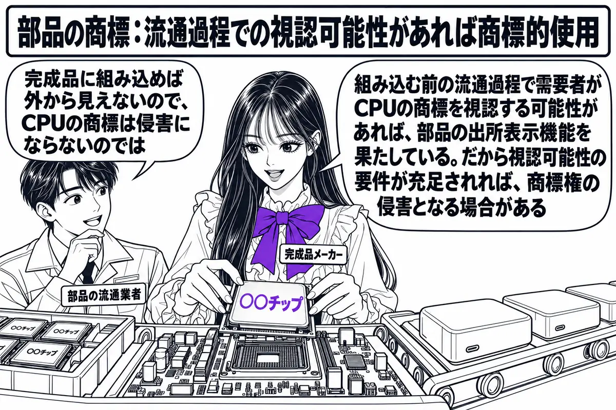 電子機器工場の組立ラインの場面。先生が技術者役（札「完成品メーカー」）で、主基板にCPUを差し込んでおり、そのCPUには「○○チップ」の商標が刻印されている。ラインの先には閉じた筐体の完成品が並び、商標は外から見えない。隣に立つ部品商社の男