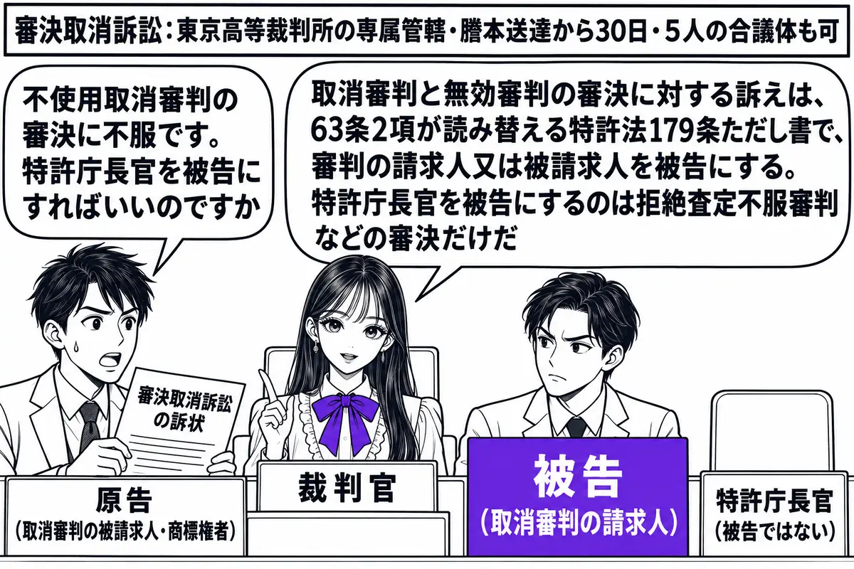 東京高等裁判所の法廷の場面。先生が裁判官役（札「裁判官」）で壇上に座る。左に原告の男性（札「原告（取消審判の被請求人・商標権者）」）が「審決取消訴訟の訴状」を持ち、右の被告席に男性（札「被告（取消審判の請求人）」）が座る。被告席の横に空いた