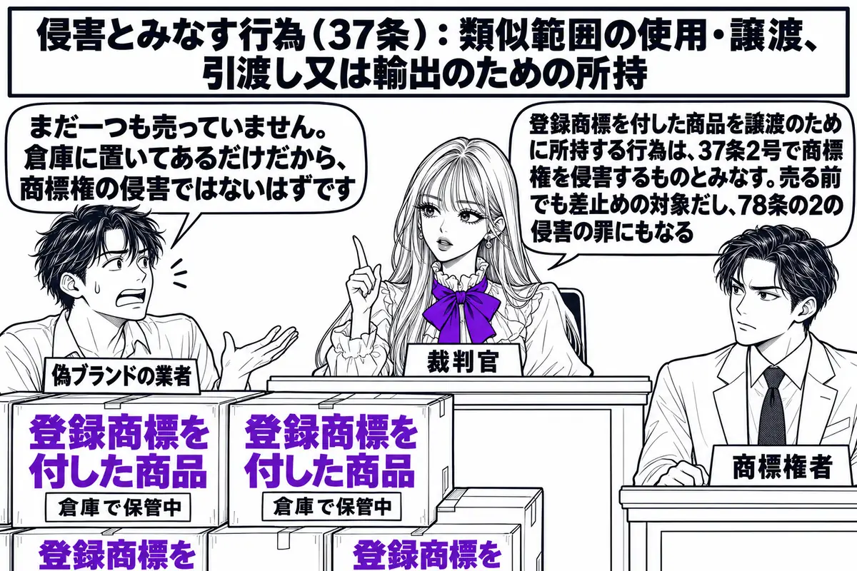 裁判所の法廷の場面。先生が裁判官役（札「裁判官」）で壇上に座る。前に被告の男性（札「偽ブランドの業者」）が立ち、足元に「登録商標を付した商品」と書かれた段ボール箱が積まれ、箱に「倉庫で保管中」の紙が貼ってある。横に商標権者の男性（札「商標権
