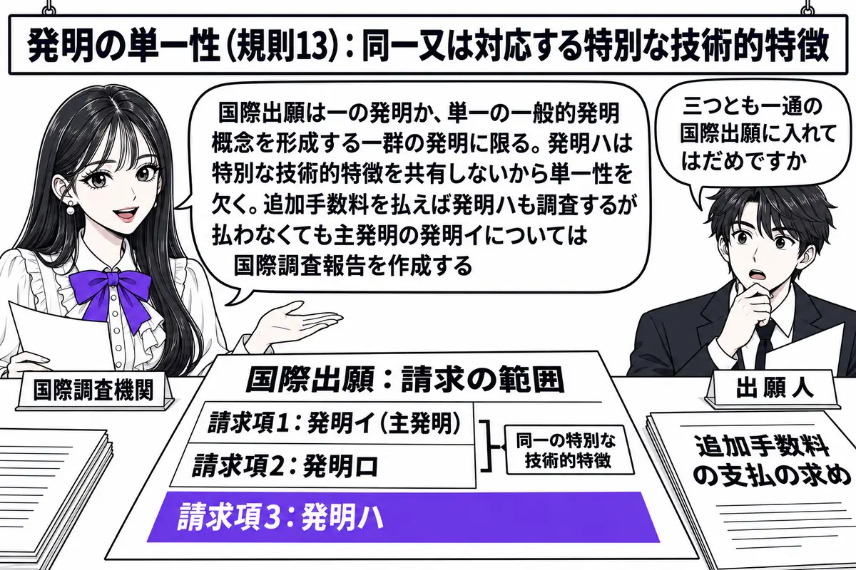 国際調査機関としての特許庁の調査室の場面。先生が国際調査機関の審査官役（札「国際調査機関」）で机に座り、「国際出願：請求の範囲」と書かれた書類を広げている。書類の中に「請求項1：発明イ（主発明）」「請求項2：発明ロ」「請求項3：発明ハ」の行